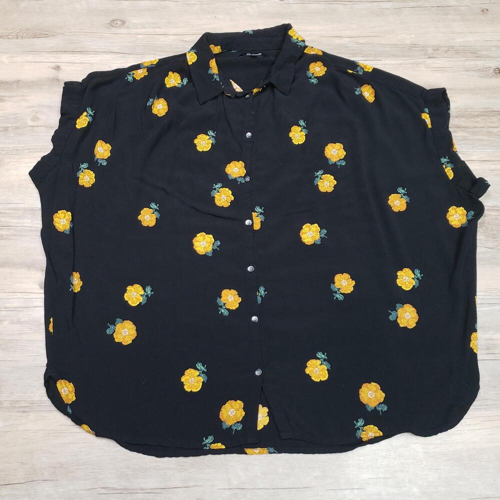 Madewell Shirt Womens XL Black Floral Sleeveless Button Front Collared Top
